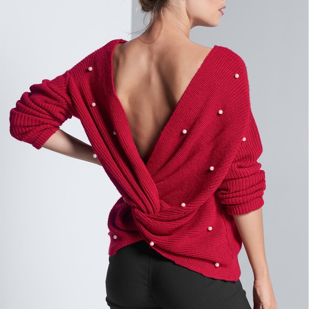 Red twist pearl women’s knit sweater tops